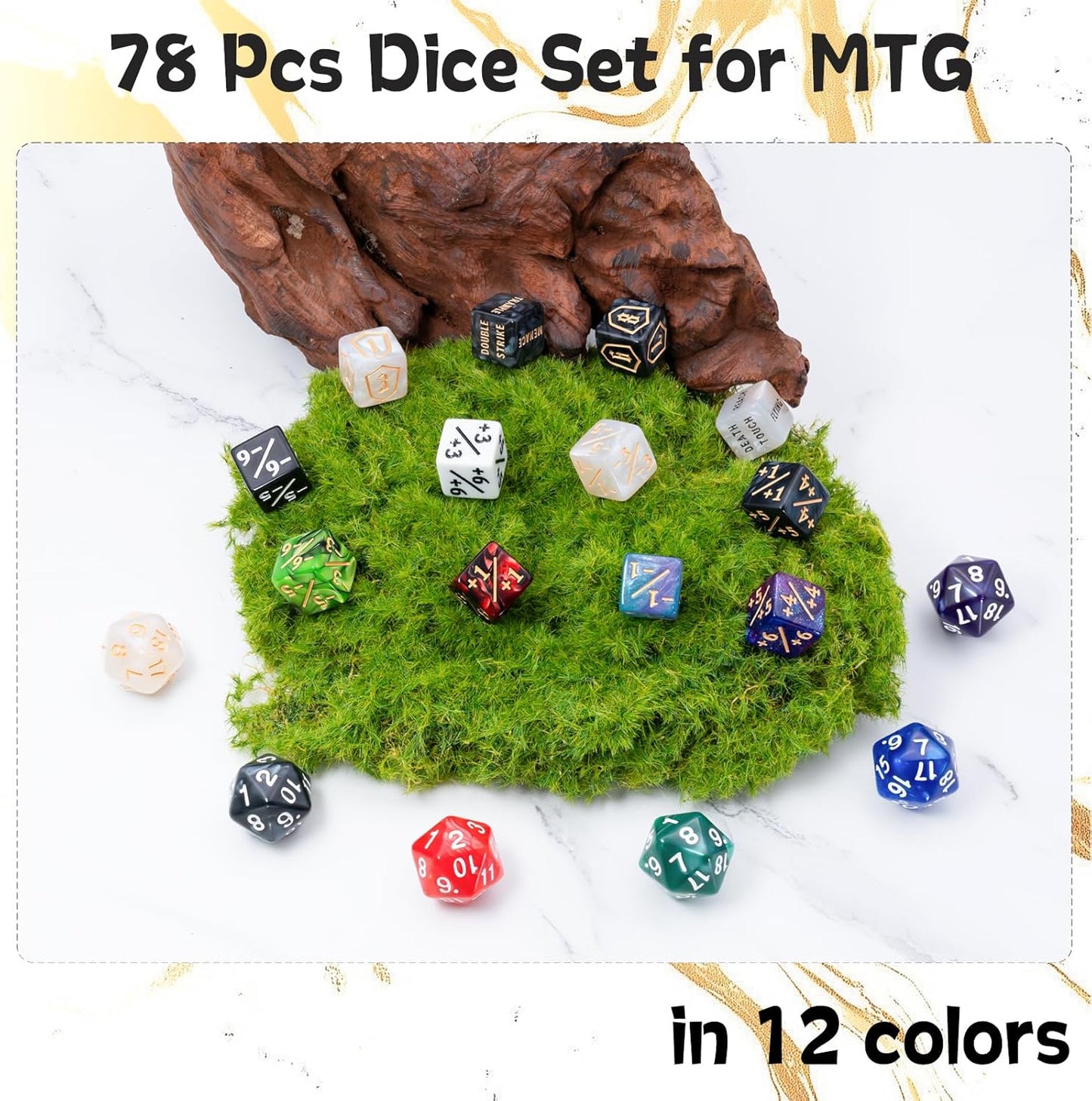 Tinzum 78-Piece MTG Dice Counter Set – Life Counters, Keyword & Shield Dice, Spindown D20s