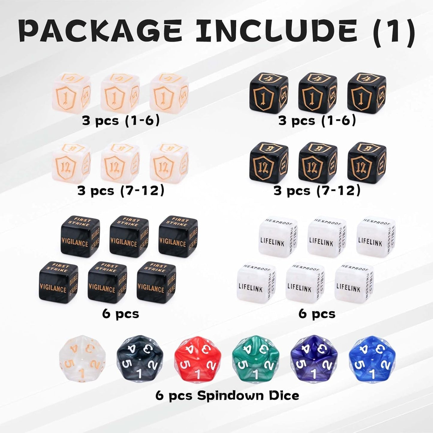 Tinzum 78-Piece MTG Dice Counter Set – Life Counters, Keyword & Shield Dice, Spindown D20s