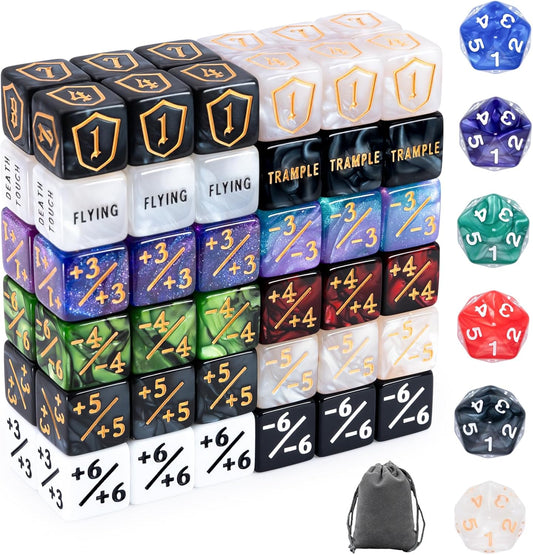 Tinzum 78-Piece MTG Dice Counter Set – Life Counters, Keyword & Shield Dice, Spindown D20s