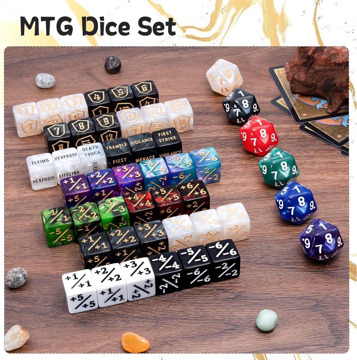 Tinzum 78-Piece MTG Dice Counter Set – Life Counters, Keyword & Shield Dice, Spindown D20s